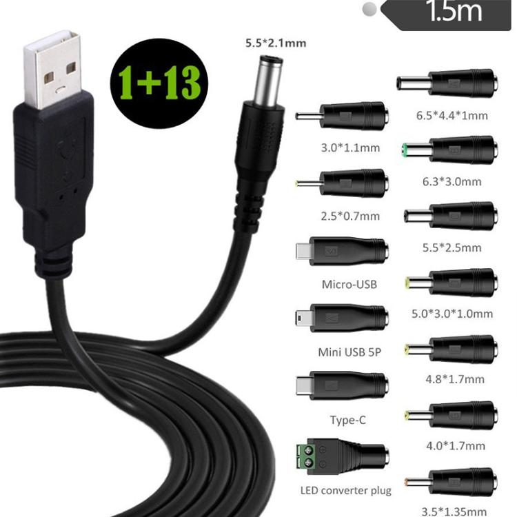 1.5m USB to DC5.5x2.1mm Male Power Cord with 13pcs Converter