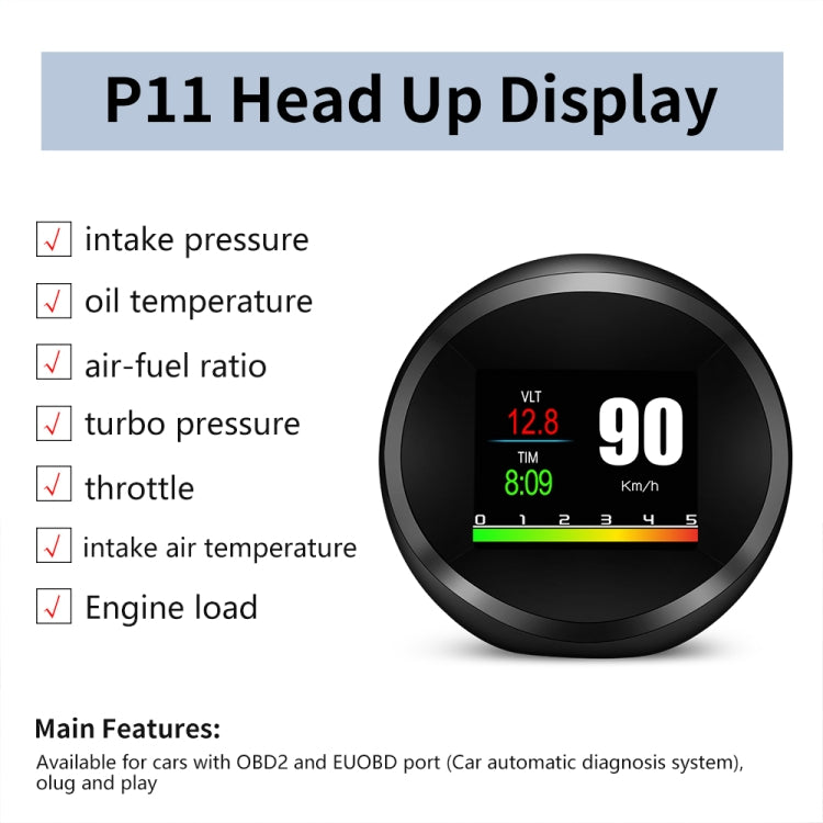 P11 OBD2 + GPS Mode Car HUD Head-up Display Water Temperature / Vehicle Speed / Voltage / Fuel Consumption Display, Speed Alarm