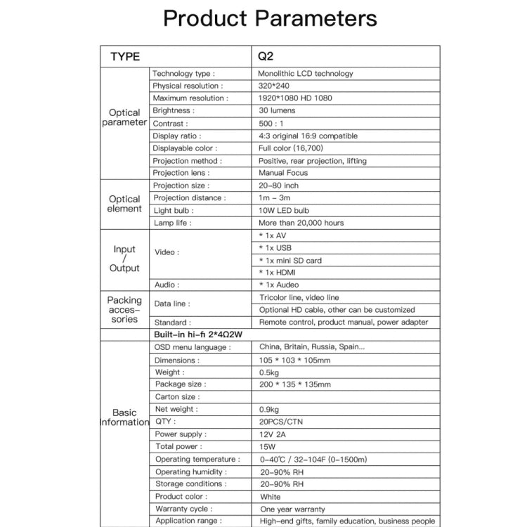 Q2 LED 1080P Mini Portable Projector Children Projector