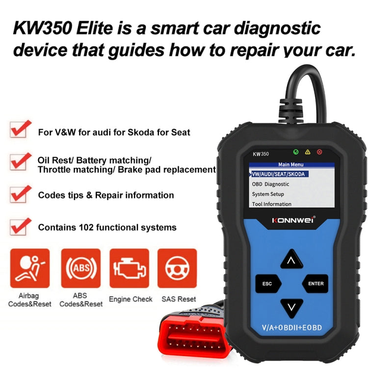 KONNWEI KW350 OBDII 12V Car Diagnostics Detector Scanner with 2 inch Black And White Display Screen V007 for Audi / Volkswagen