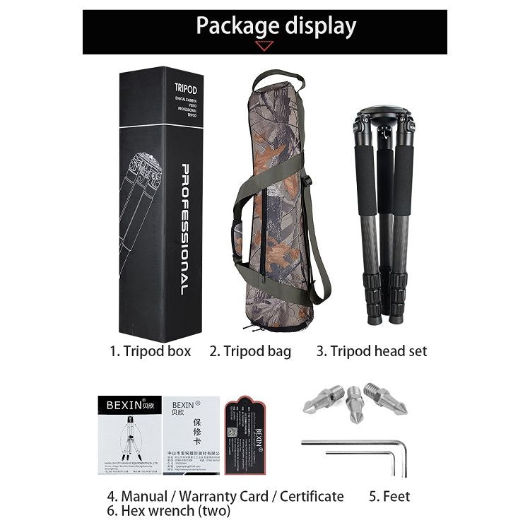 BEXIN ST424C Rugged Camcorder Photographic Carbon Fiber Big Tripod, Max Tube: 40mm