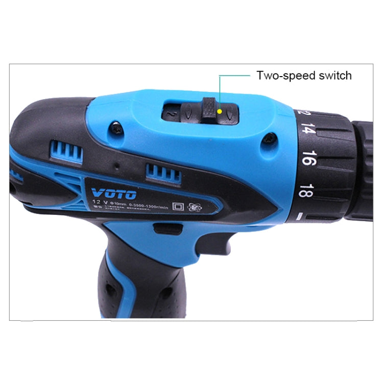 VOTO 12V Stepless Speed Regulation Rechargeable Hand Drill Set Electric Drill Power Tools with LED Light, AC 220V, US Plug, Random Color Delivery