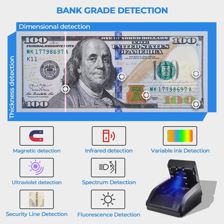 AL-130 Small Portable Money Detector for USD Euro, Specifications:US Plug