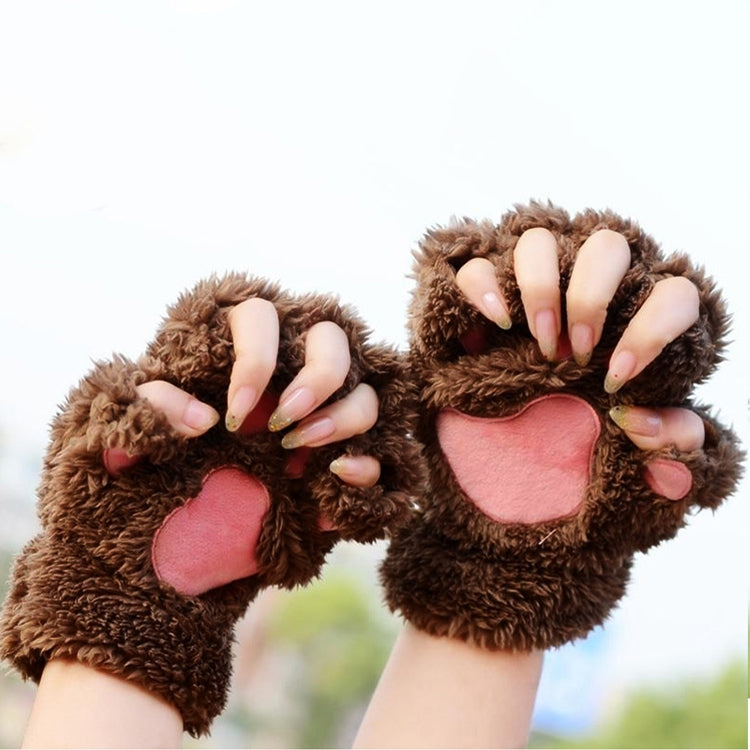 Winter Lovely Cartoon Cat Claw Lady Gloves Thick Warm Fluffy Paws Half Finger Gloves