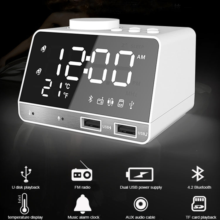 K11 Bluetooth Alarm Clock Speaker Creative Digital Music Clock Display Radio with Dual USB Interface, Support U Disk / TF Card / FM / AUX, US Plug