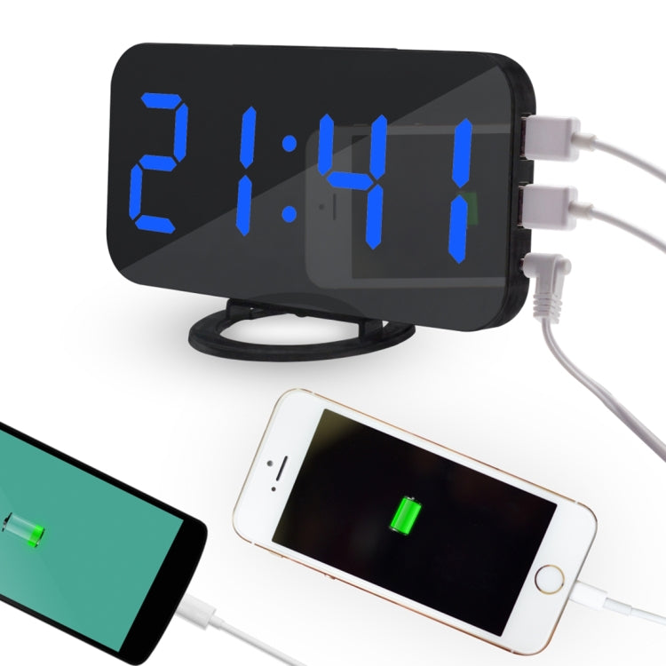 Multifunction Creative Mirror Reflective LED Display Alarm Clock with Snooze Function & 2 USB Charge Port