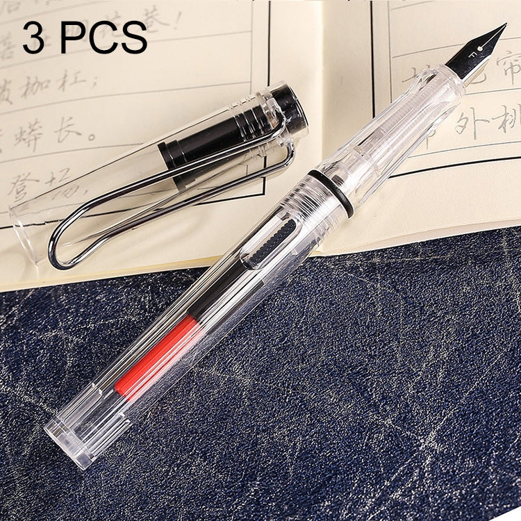 3 PCS School Office Extra Fine Titanium Alloy Nib Transparent Piston Fountain Pen(Black), Random Delivery(0.5mm/0.38mm Nib)