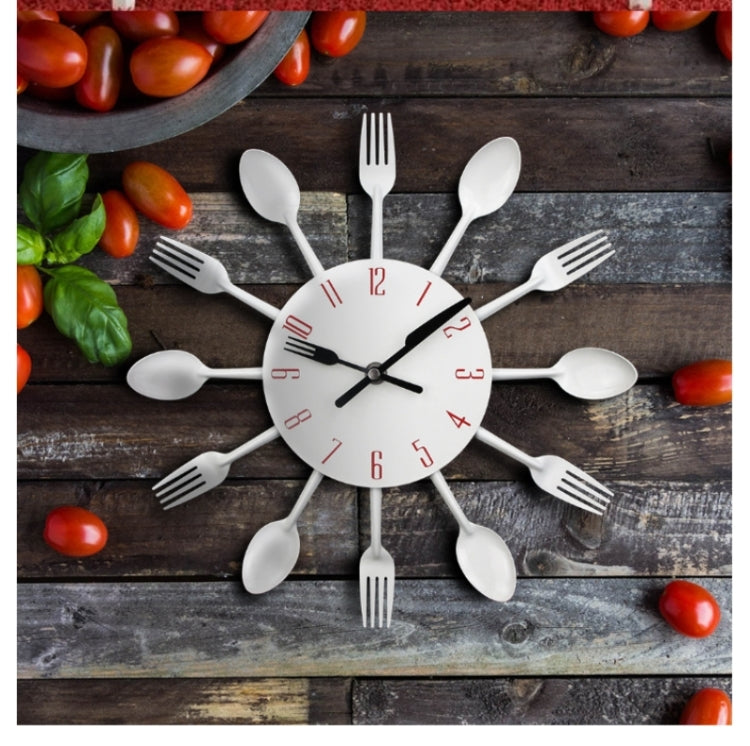 Cutlery Metal Kitchen Wall Clock Spoon Fork Creative Quartz Wall Mounted Clocks Modern Design Decorative Horloge, Silver