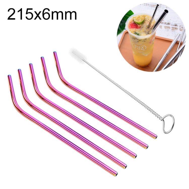 5pcs Reusable Stainless Steel Bent Drinking Straw + Cleaner Brush Set Kit,  215*6mm