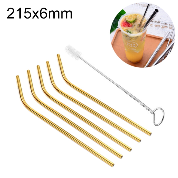 5pcs Reusable Stainless Steel Bent Drinking Straw + Cleaner Brush Set Kit,  215*6mm
