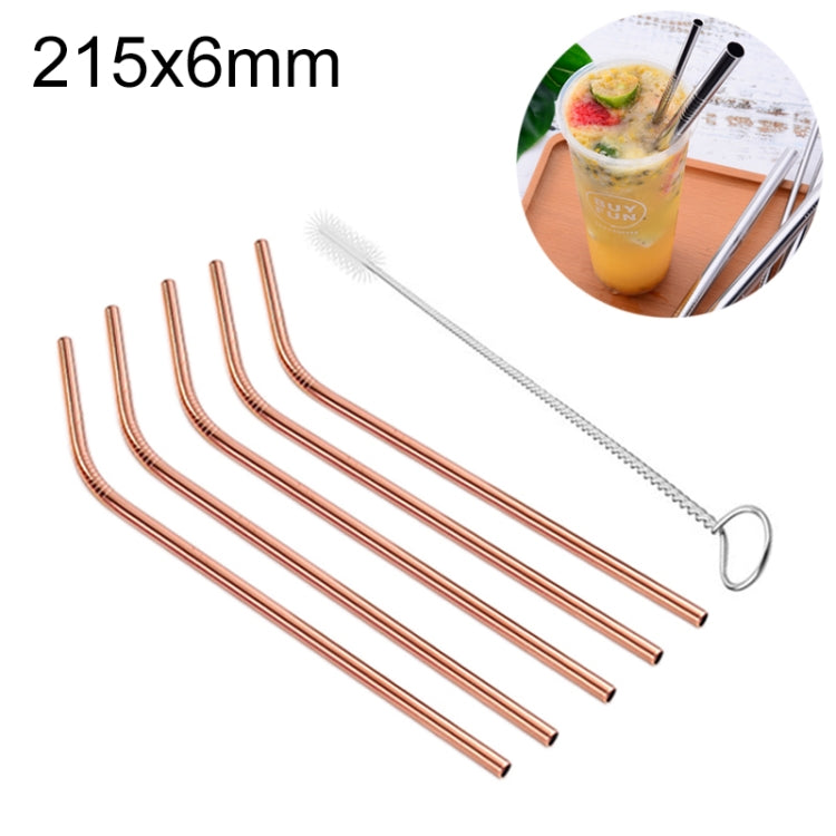 5pcs Reusable Stainless Steel Bent Drinking Straw + Cleaner Brush Set Kit,  215*6mm