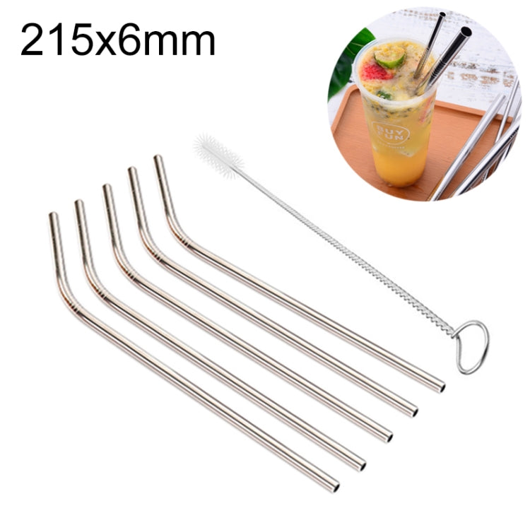 5pcs Reusable Stainless Steel Bent Drinking Straw + Cleaner Brush Set Kit,  215*6mm
