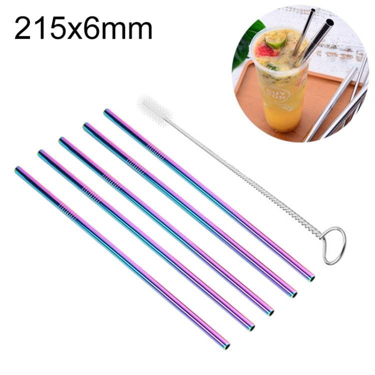5pcs Reusable Stainless Steel Straight Drinking Straw + Cleaner Brush Set Kit,  215*6mm