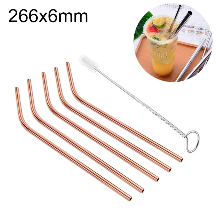 5pcs Reusable Stainless Steel Bent Drinking Straw + Cleaner Brush Set Kit,  266*6mm