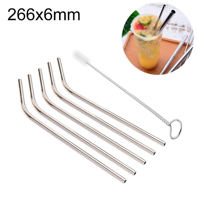 5pcs Reusable Stainless Steel Bent Drinking Straw + Cleaner Brush Set Kit,  266*6mm