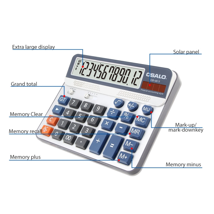 OSALO OS-6815 12 Digits Desktop Calculator Solar Energy Dual Power Calculator