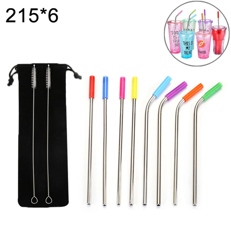 8pcs Reusable Silicone Tips Stainless Steel Drinking Straws + 2pcs Cleaner Brushes Set Kit with Cashmere Bag,  215*6mm