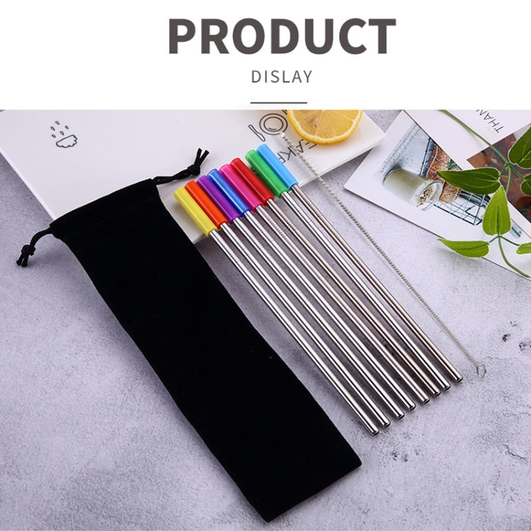 8pcs Reusable Silicone Tips Stainless Steel Drinking Straws + 2pcs Cleaner Brushes Set Kit with Cashmere Bag,  215*6mm