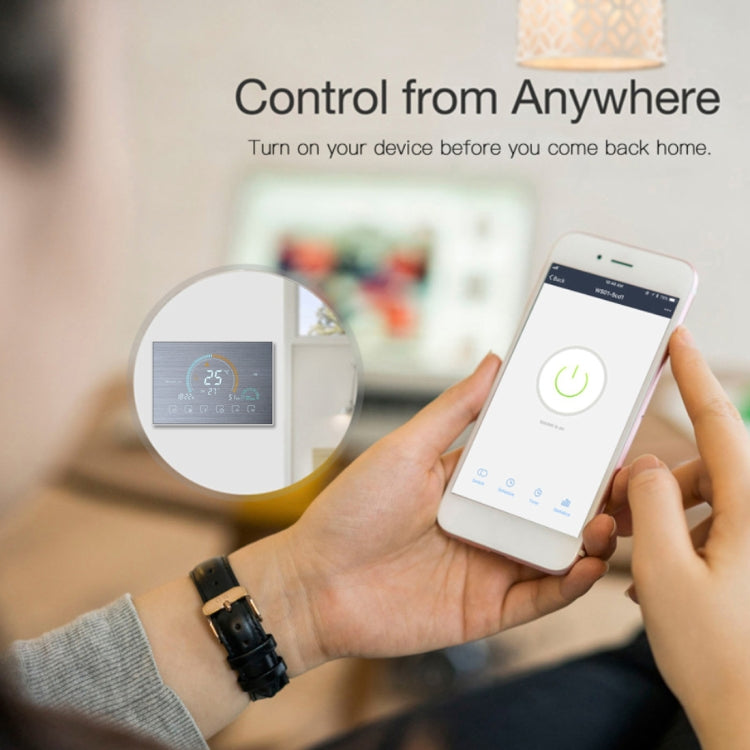 BHT-8000-GCLW-SS Brushed Stainless Steel Mirror Controlling Water/Gas Boiler Heating Energy-saving and Environmentally-friendly Smart Home Negative Display LCD Screen Round Room Thermostat with WiFi