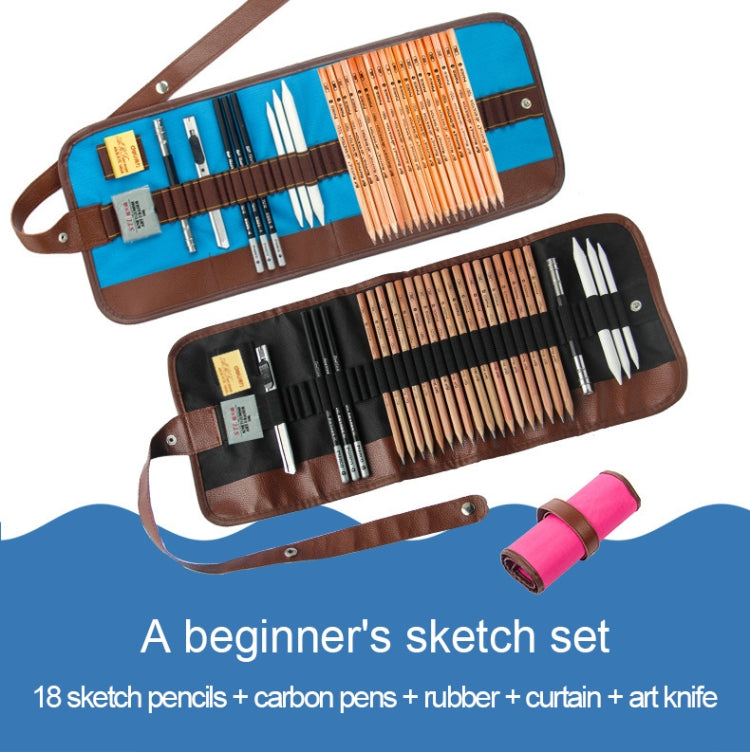 Beginner Sketching Tools (18 PCS Sketching Pencils + Charcoal Pencil + Erasers + Pen Curtain + Art Knife) Sketching Set