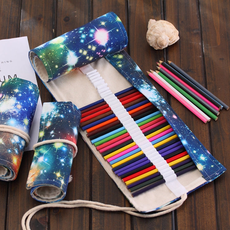 36 Slots Cosmic Galaxy Print Pen Bag Canvas Pencil Wrap Curtain Roll Up Pencil Case Stationery Pouch