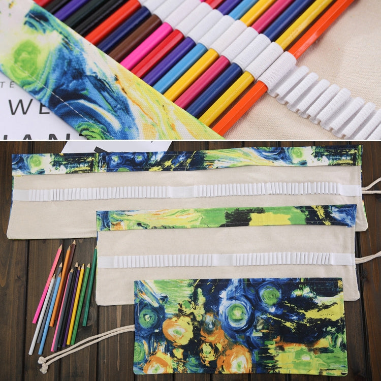 48 Slots Van Gogh Oil Painting Print Pen Bag Canvas Pencil Wrap Curtain Roll Up Pencil Case Stationery Pouch