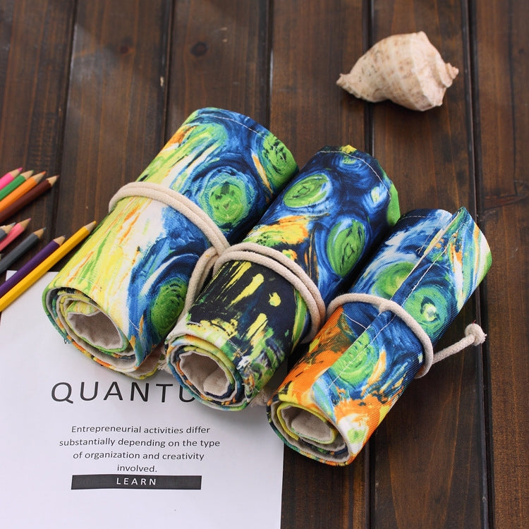 48 Slots Van Gogh Oil Painting Print Pen Bag Canvas Pencil Wrap Curtain Roll Up Pencil Case Stationery Pouch