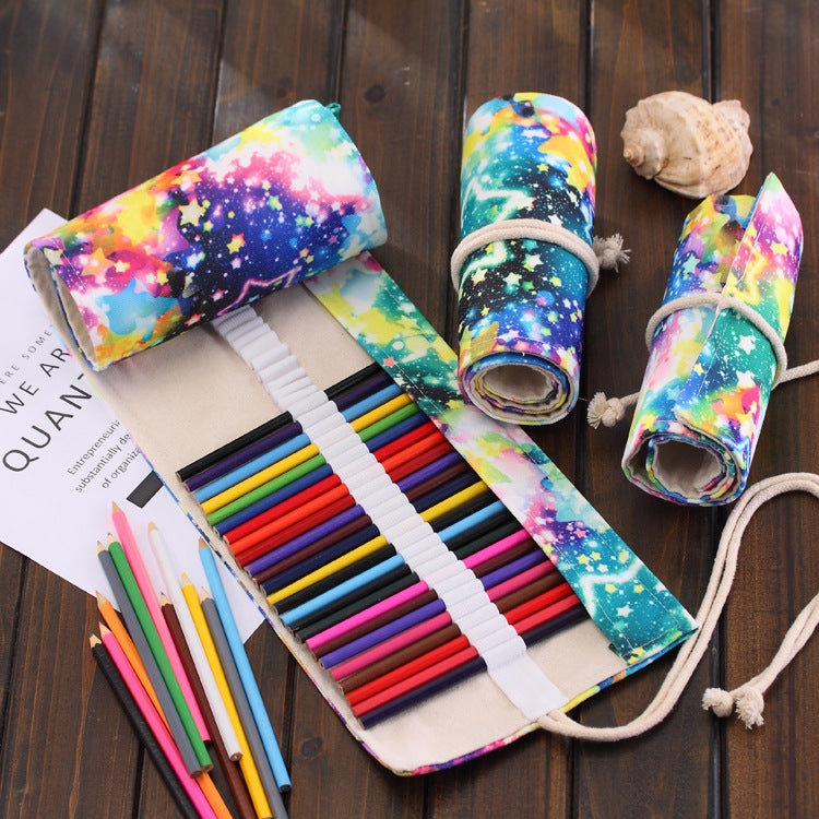 48 Slots Starry Sky Print Pen Bag Canvas Pencil Wrap Curtain Roll Up Pencil Case Stationery Pouch