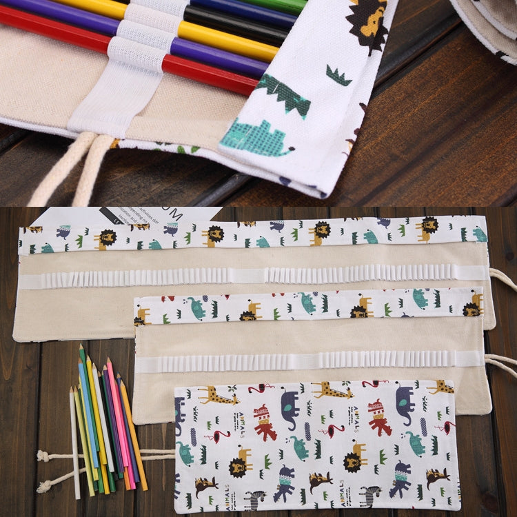 48 Slots Cartoon Animal Print Pen Bag Canvas Pencil Wrap Curtain Roll Up Pencil Case Stationery Pouch
