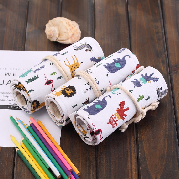 72 Slots Cartoon Animal Print Pen Bag Canvas Pencil Wrap Curtain Roll Up Pencil Case Stationery Pouch