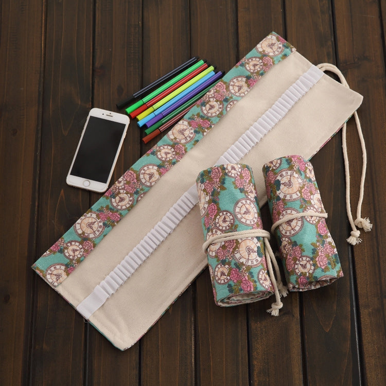 36 Slots Rose Clock Print Pen Bag Canvas Pencil Wrap Curtain Roll Up Pencil Case Stationery Pouch