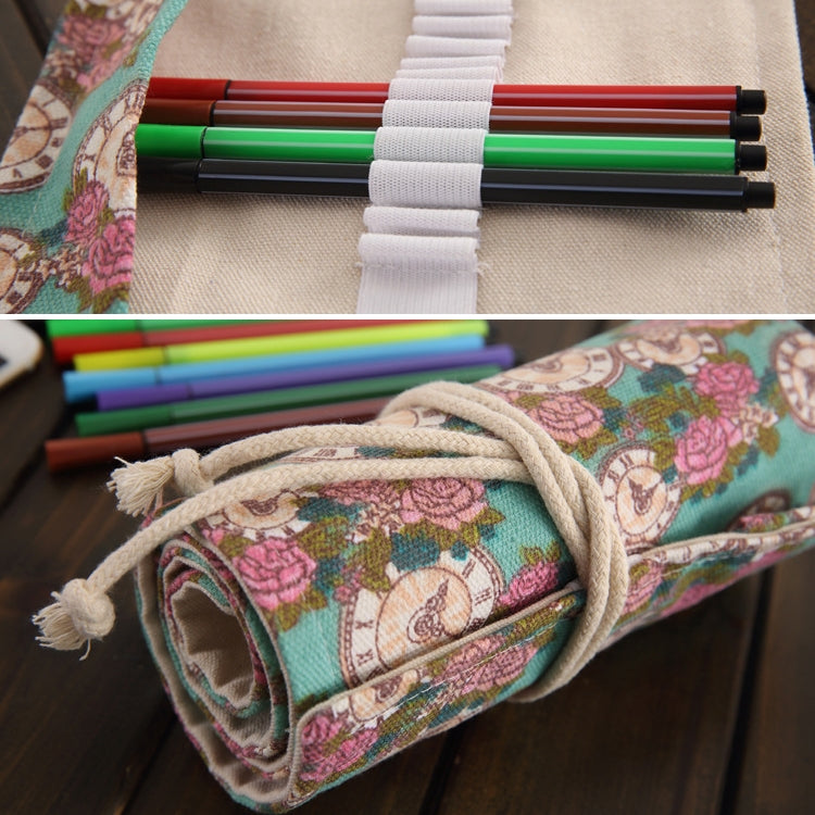 36 Slots Rose Clock Print Pen Bag Canvas Pencil Wrap Curtain Roll Up Pencil Case Stationery Pouch