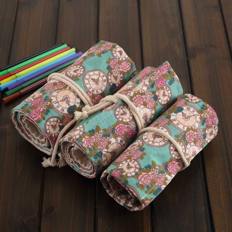 36 Slots Rose Clock Print Pen Bag Canvas Pencil Wrap Curtain Roll Up Pencil Case Stationery Pouch