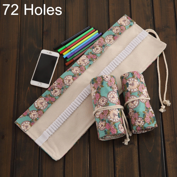 72 Slots Rose Clock Print Pen Bag Canvas Pencil Wrap Curtain Roll Up Pencil Case Stationery Pouch