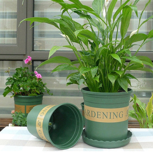 Flower Pots Plant Nursery Pots Plastic Pots Creative Gallons Pots with Tray,Size:12*16*12cm, Random Text Background Color Delivery
