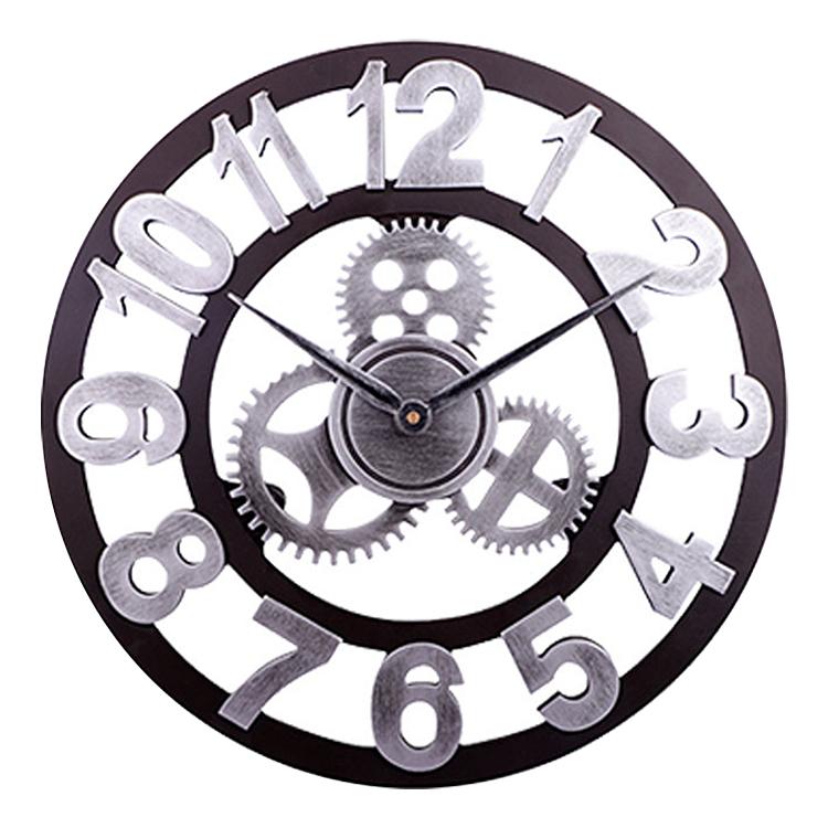 Retro Wooden Round Single-sided Gear Clock Arabic Number Wall Clock, Diameter: 35cm