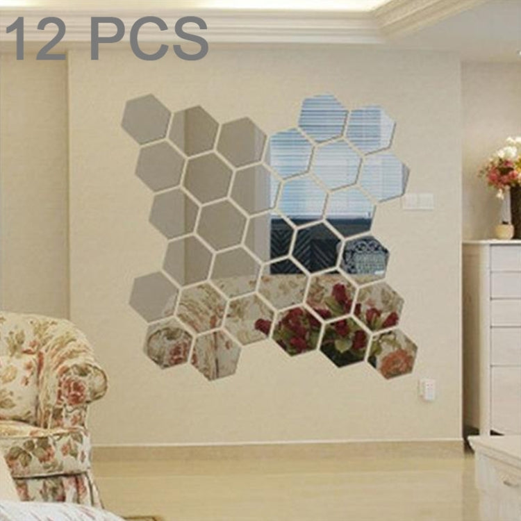 12 PCS 3D Hexagonal Mirror Wall Stickers Set, Size: 8*8cm