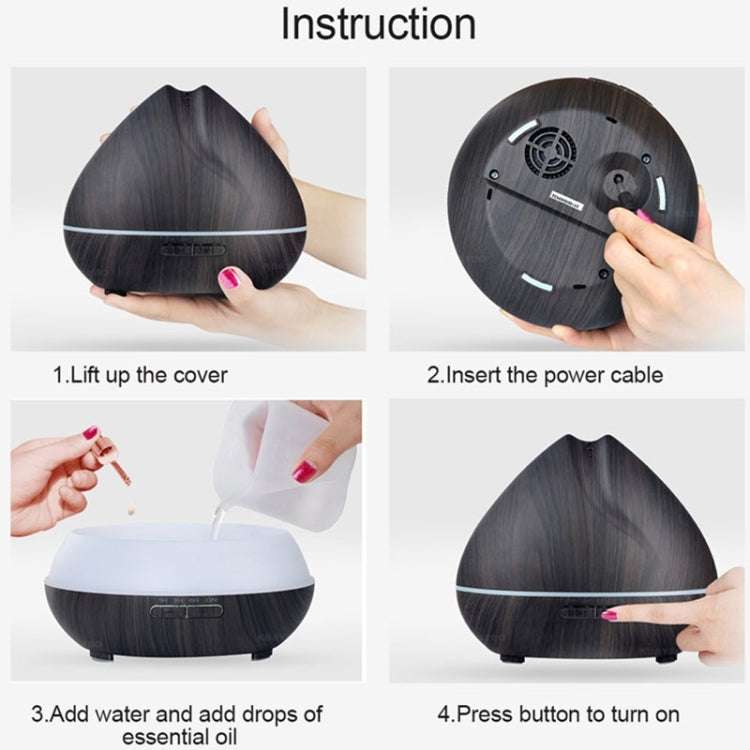 Peach Shape Wood Grain Remote Control Ultrasonic Humidifier Aromatherapy Machine Automatic Alcohol Sprayer with LED Lights, Capacity: 400mL, EU Plug (Dark Wood Color)
