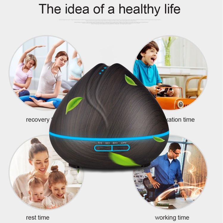 Peach Shape Wood Grain Remote Control Ultrasonic Humidifier Aromatherapy Machine Automatic Alcohol Sprayer with LED Lights, Capacity: 400mL, EU Plug (Dark Wood Color)