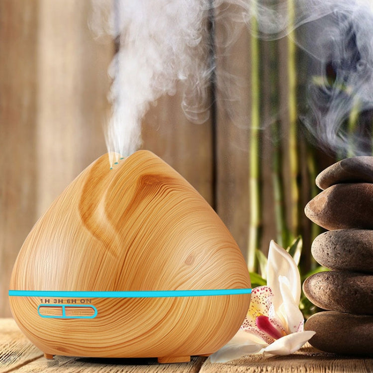 Peach Shape Wood Grain Remote Control Ultrasonic Humidifier Aromatherapy Machine Automatic Alcohol Sprayer with LED Lights, Capacity: 400mL, EU Plug (Dark Wood Color)