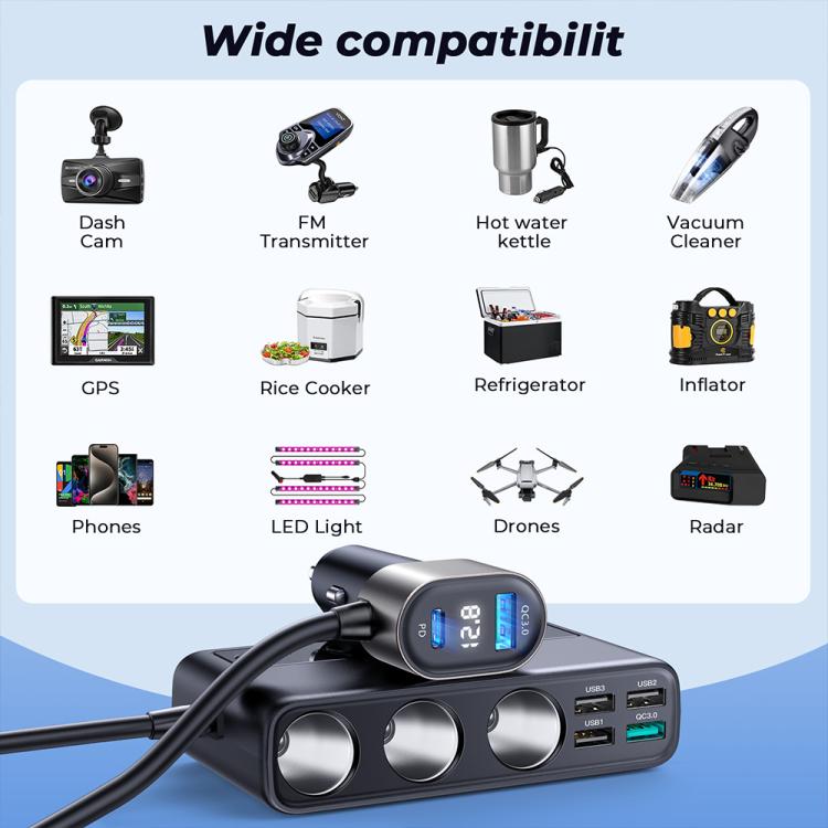 JOYROOM JR-CL06 9 in 1 210W PD USB-C / Type-C + Dual QC3.0 USB + 3 USB + 3 Cigarette Lighter Holes Digital Display Car Charger