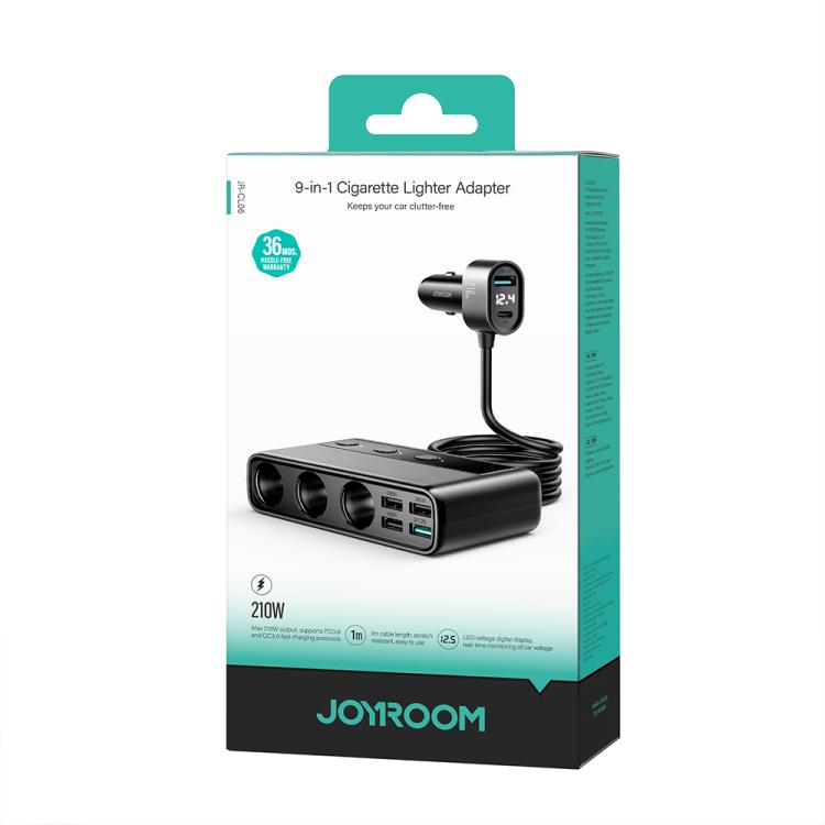 JOYROOM JR-CL06 9 in 1 210W PD USB-C / Type-C + Dual QC3.0 USB + 3 USB + 3 Cigarette Lighter Holes Digital Display Car Charger