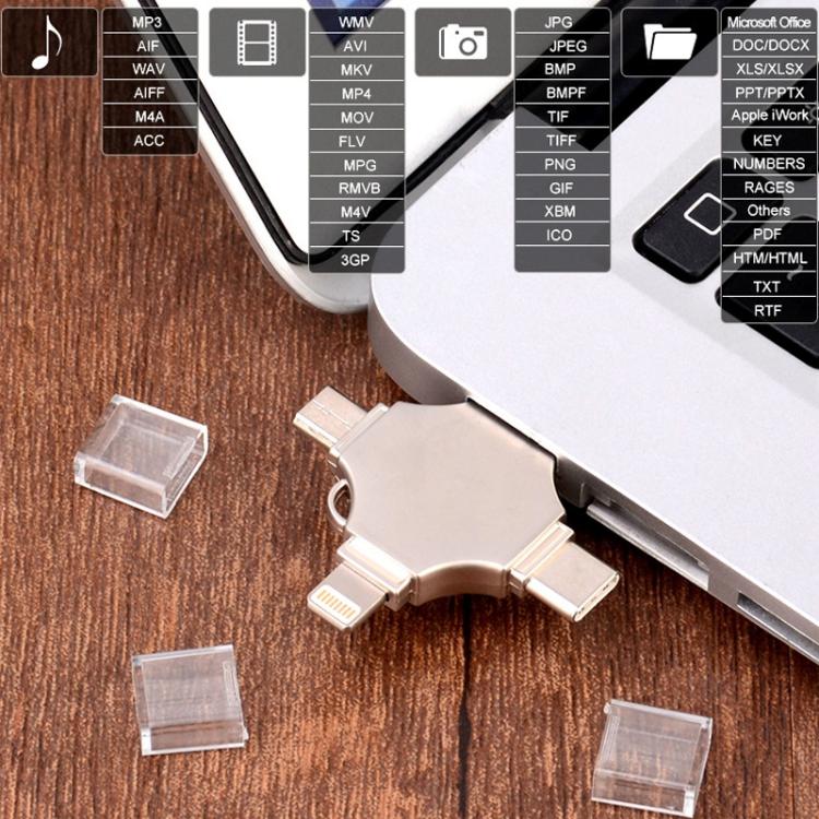 Cross 4 in 1 128GB 8 Pin + Micro USB + USB-C / Type-C + USB 3.0 Metal Flash Disk
