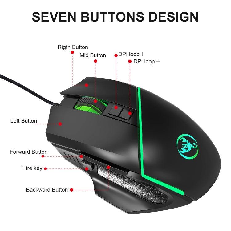 HXSJ A876 Wired Mouse Colorful Synchronous Light Emission 6400dpi Adjustable Light Gaming Mouse, Length: 150cm