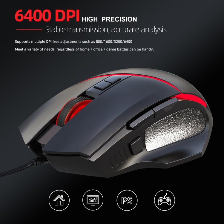 HXSJ A876 Wired Mouse Colorful Synchronous Light Emission 6400dpi Adjustable Light Gaming Mouse, Length: 150cm