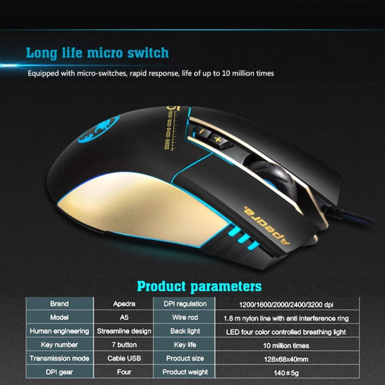 Apedra iMICE A5 High Precision Gaming Mouse LED four color controlled breathing light USB 7 Buttons 3200 DPI Wired Optical Gaming Mouse for Computer PC Laptop