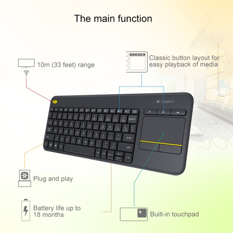 Logitech K400 Plus 2.4GHz Wireless Touch Control Keyboard, Wireless Range: 10m