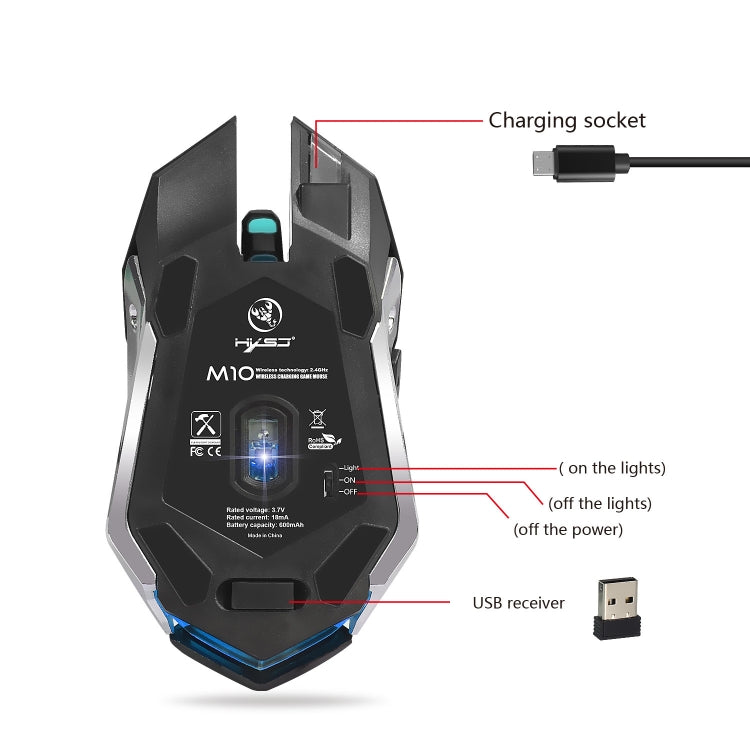 HXSJ M10 2.4GHz 6-keys USB Rechargeable Colorful Lighting Ergonomic 2400DPI Wireless Optical Gaming Mouse for Desktop Computers