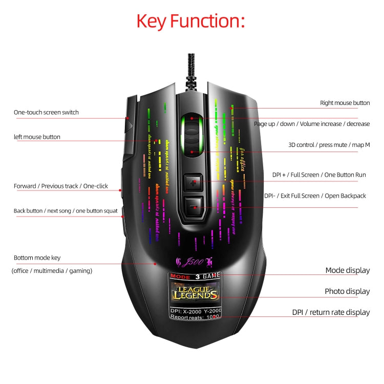 HXSJ J500 7 Keys RGB Programmable Display Screen Gaming Wired Mouse