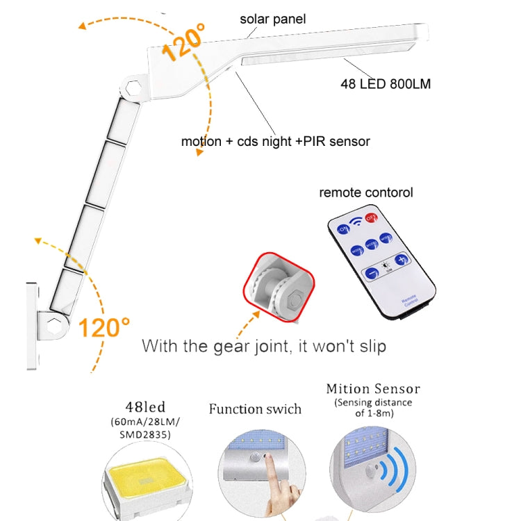 6W 800LM 48 LEDs Solar Remote Control Flat Lamp with Bracket